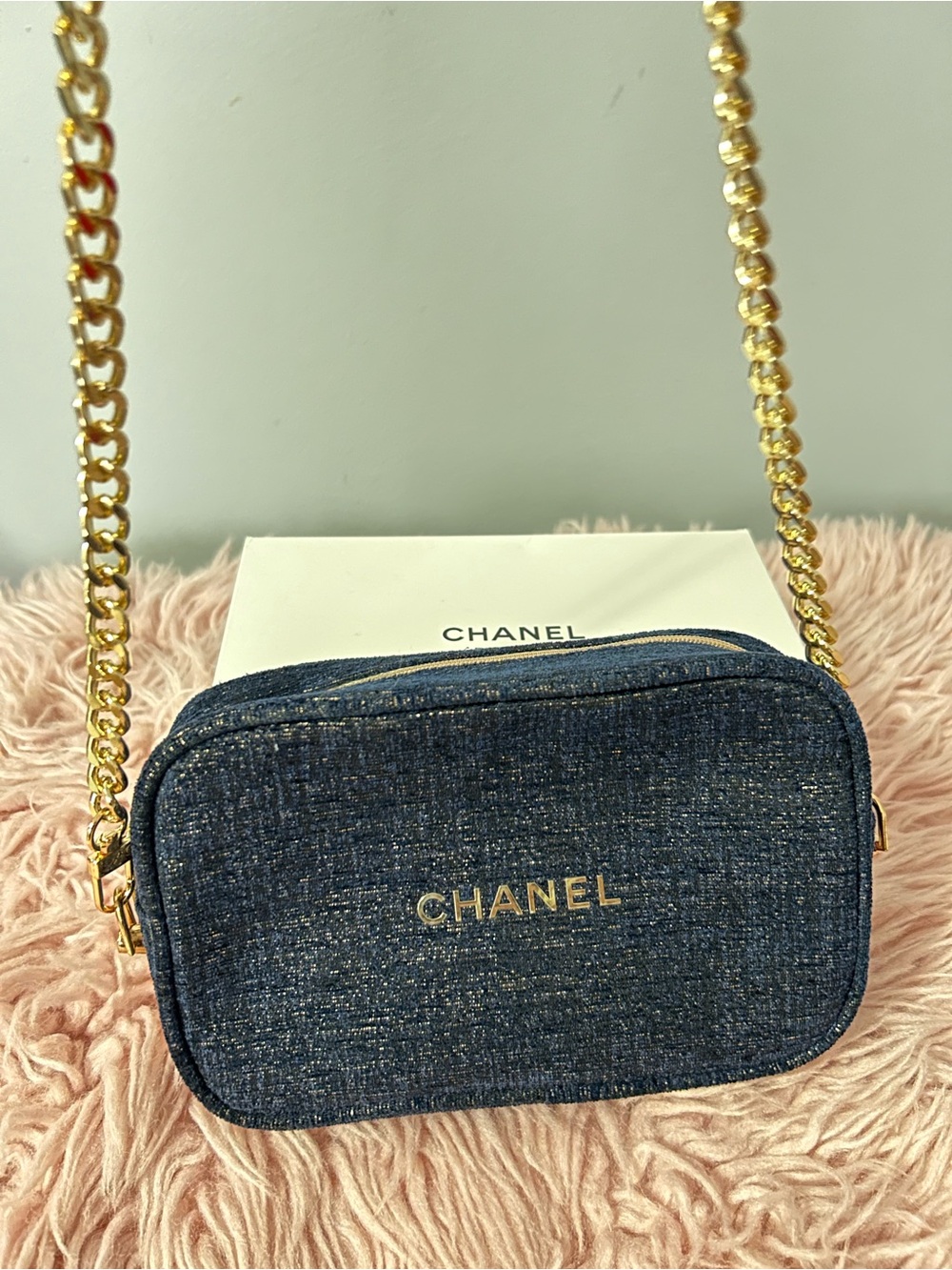 Chanel Navy Denim Make-up Bag with Free Gold Chain